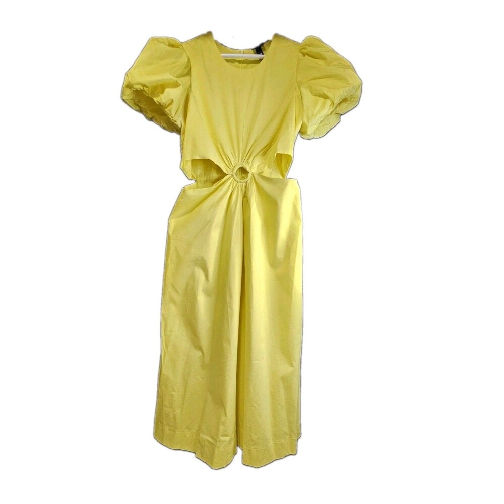 Scoop Puff Sleeve O-Ring Cutout Midi Dress Chartreuse Yellow Green L 12-14